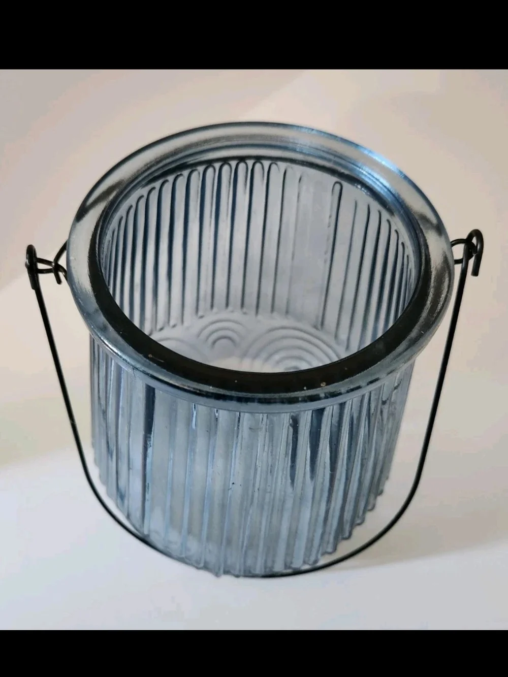 6 Inch Tall Blue Ribbed Glass Candle Lantern with Black Wire Handle